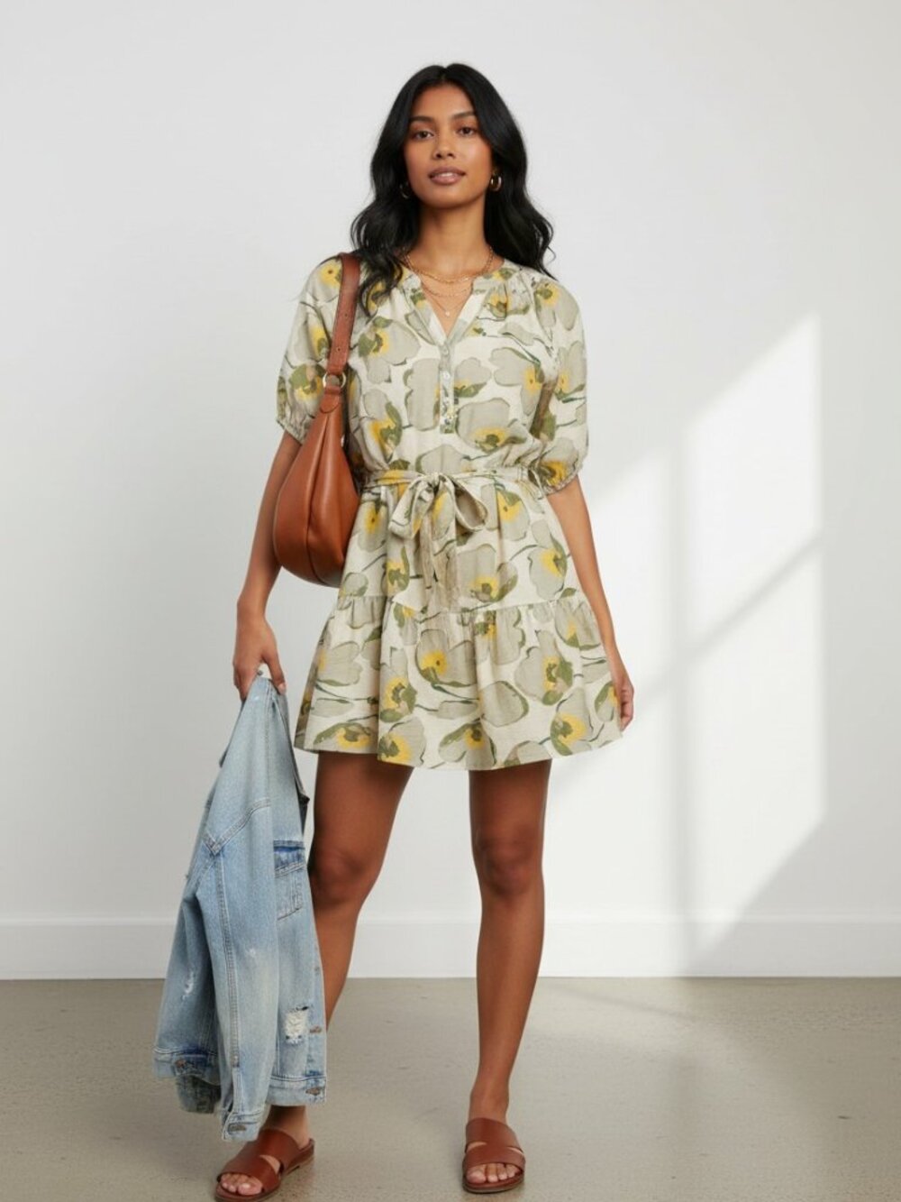 Umgee NWT Floral Puff Sleeve Tie Waist Mini Fall Dress Neutral Sz M